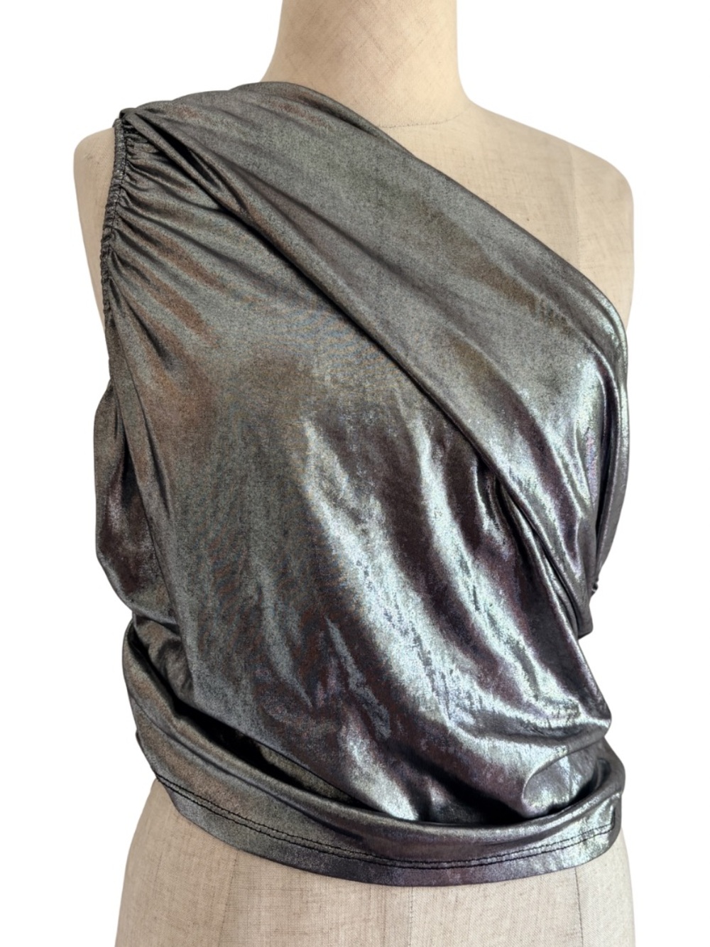 VTG WearEver Top One Shoulder Going Out Top Metallic Silver Lame Slinky Crop Y2K